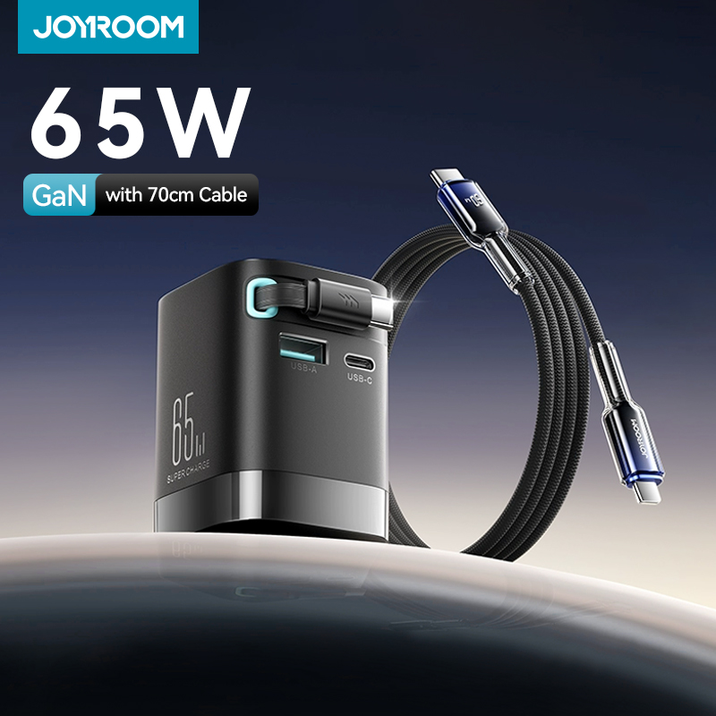 Joyroom PD 3.0 Caricatore GaN da 65 W con cavo USB C retrattile Caricatore da tavolo Spina UE Ricarica rapida per iPhone 16 15 Tablet Laptop