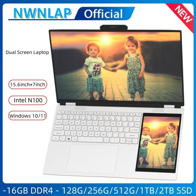 Laptop met dubbel scherm 15,6 inch + 7 inch touchscreen Intel N100-processor Gaminglaptop DDR4 16 GB 128G -512G SSD Notebookcomputer