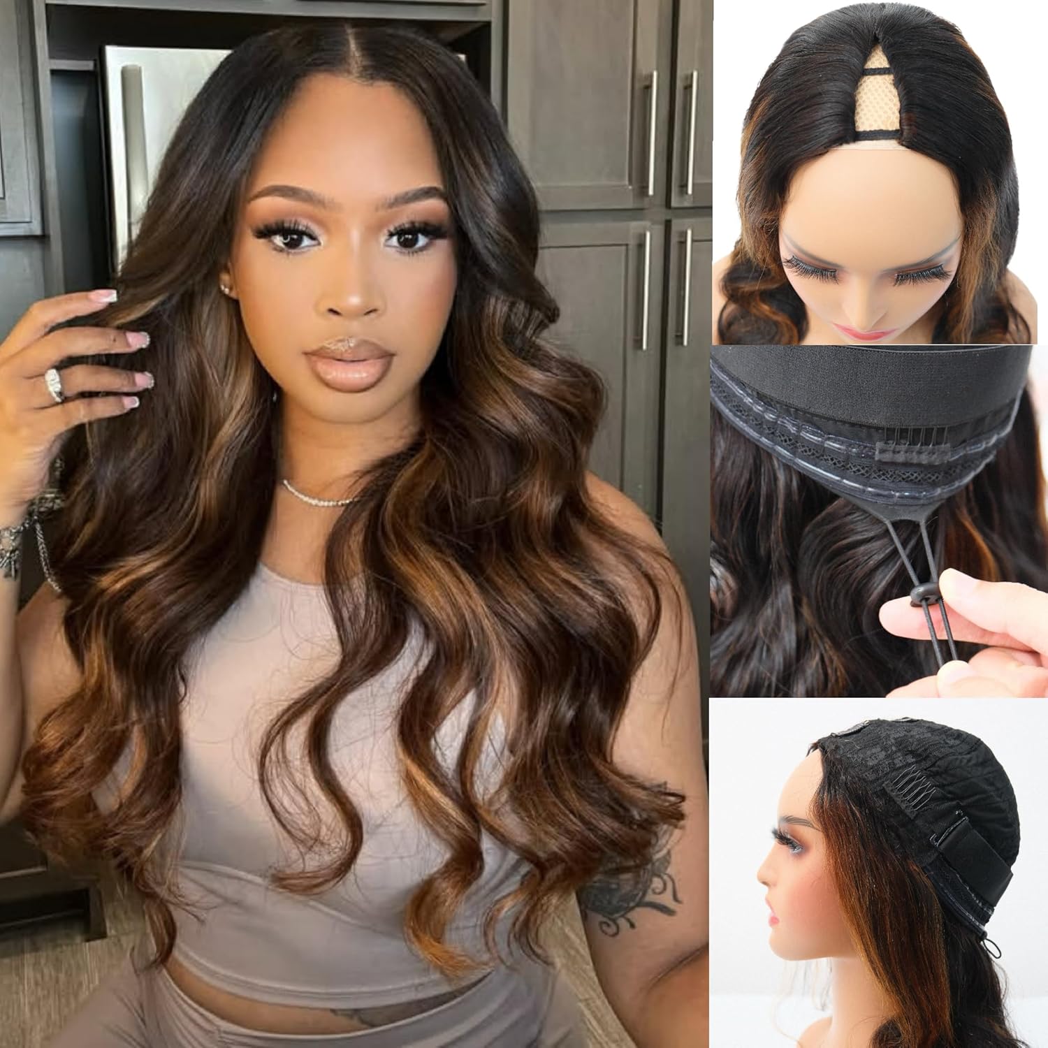 Extensiones de Cabello con Clip en Forma de V, Onduladas, con Cordón Ajustable, Densidad 220, Color P1B30, Cabello Humano