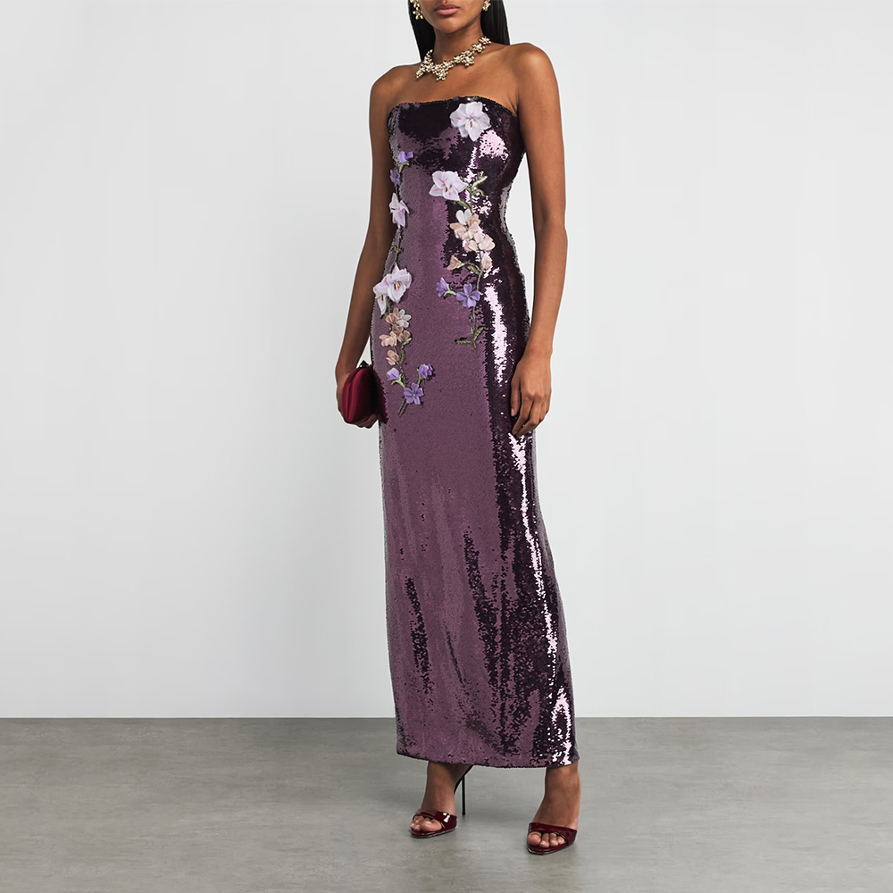 Gliter Purple Sequin Evening Gown Ankel Length Formal Party Dress Strapless Saudi Arabia Dress With Flowers Prom Dress