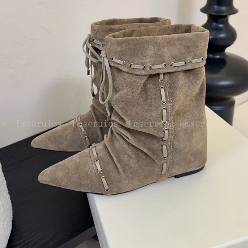 Women Mid Calf Boots Fashion Style Pointed Toe Flat Ankle Boots Leather Lace Up Wide Stylish Straps Design Top Quality Boots