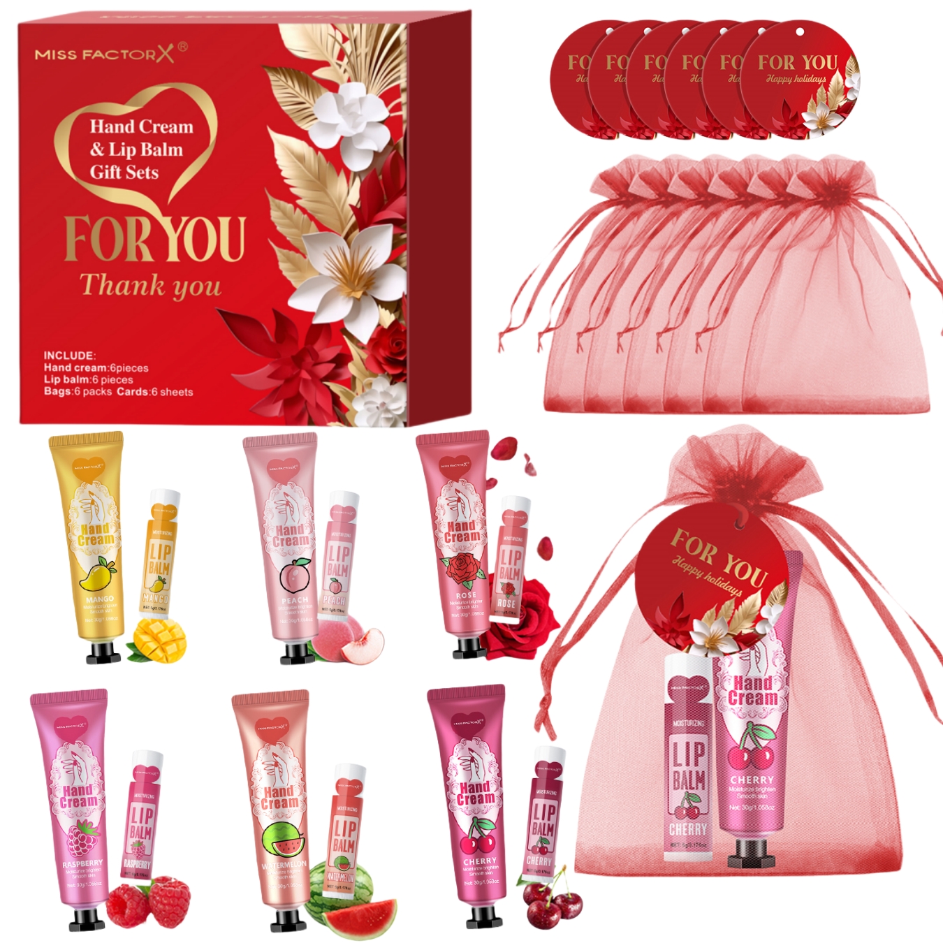 Crème pour les mains en vrac avec sac menstruel rouge, coussin à lèvres, carte de remerciement, cadeau de mariage aux invités, Noël et Nouvel An, 24 pièces par boîte