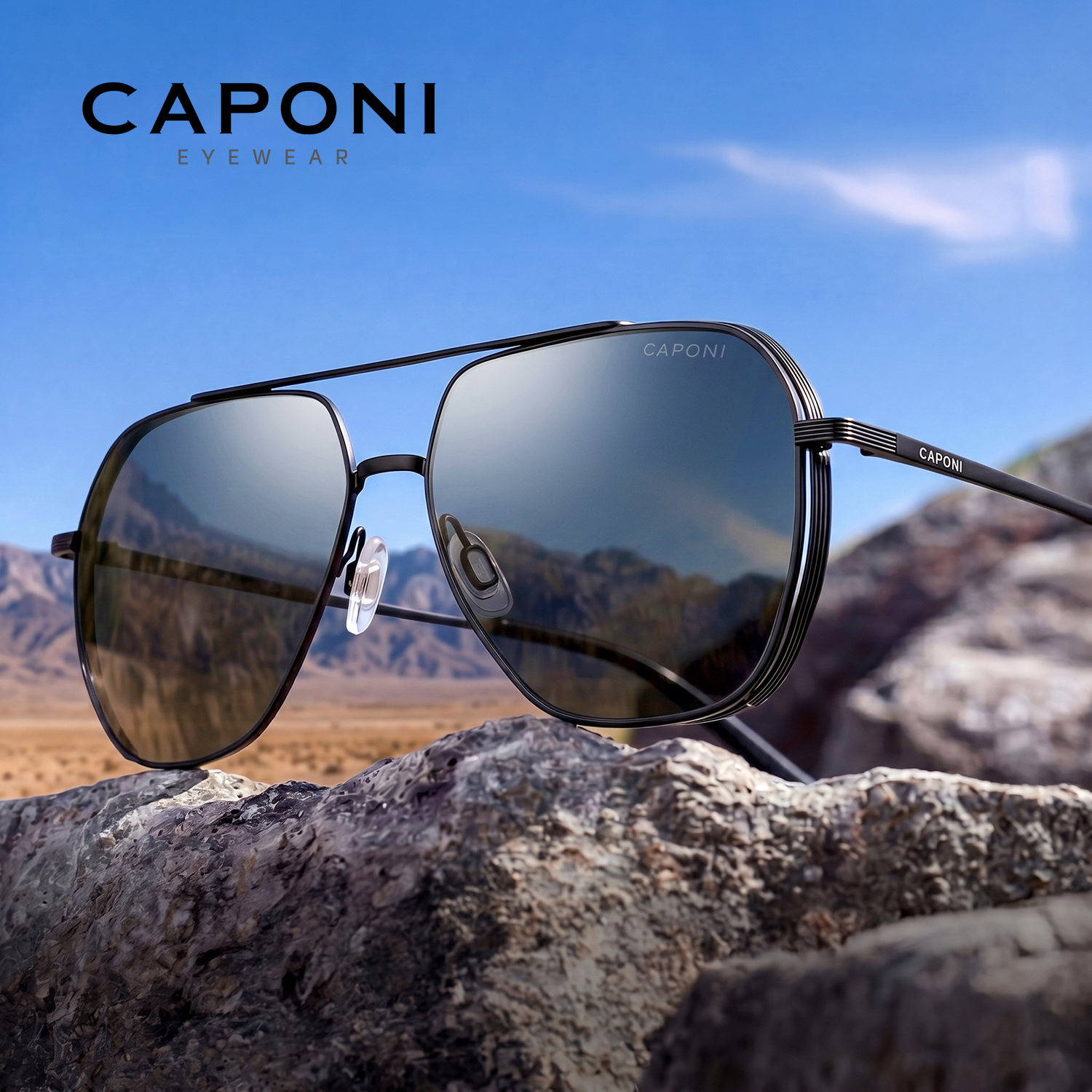 CAPONI Pilot Aviator Gepolariseerde Mannen Zonnebril Klassieke Dubbele Brug Designer Outdoor Zonnebril Anti Glare Zwarte Schaduw CP35707