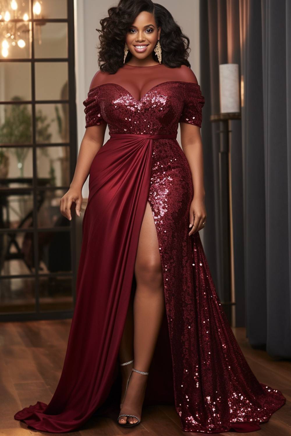 Vestidos largos de talla grande formales de satén burdeos con cuello redondo y manga corta en contraste transparente con lentejuelas