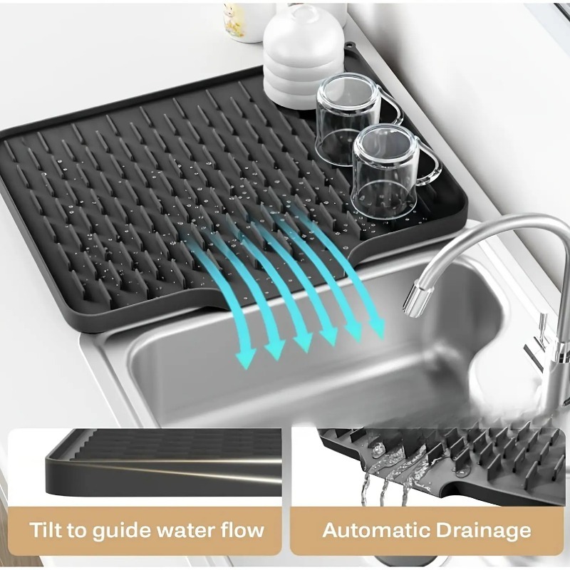 Antislip siliconen keukenafvoermat met ingebouwd drainageontwerp, hittebestendig en gemakkelijk schoon te maken, geschikt voor aanrechtbladen
