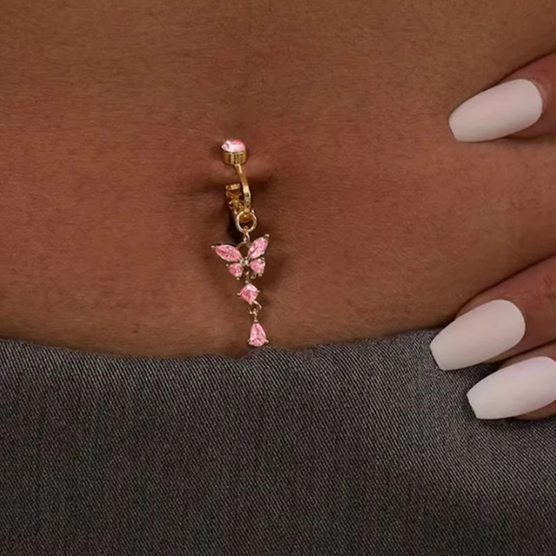 Clip On Bauchnabelring Schmetterling Kupfer Zirkon Rosa Fake Bauchnabelpiercing Nabelschnur Nabel Körperschmuck Trendiger Modestil