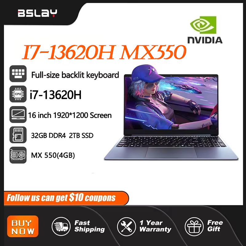 16 Inch Intel i7-13620H NVIDIA MX550 4G Laptop 12 Cores 16 Threads 32GB RAM 2TB SSD DDR4 Win11 HD Camera Portable Gaming Netbook