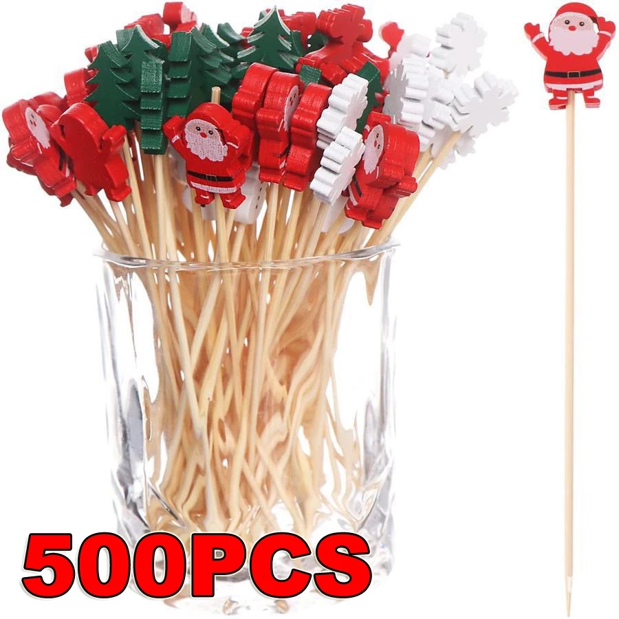 Bâtonnets de fruits de noël jetables en bambou, 50 pièces/ensemble, flocon de neige, arbre de noël, élan, père noël, bonhomme de neige, ornements de noël