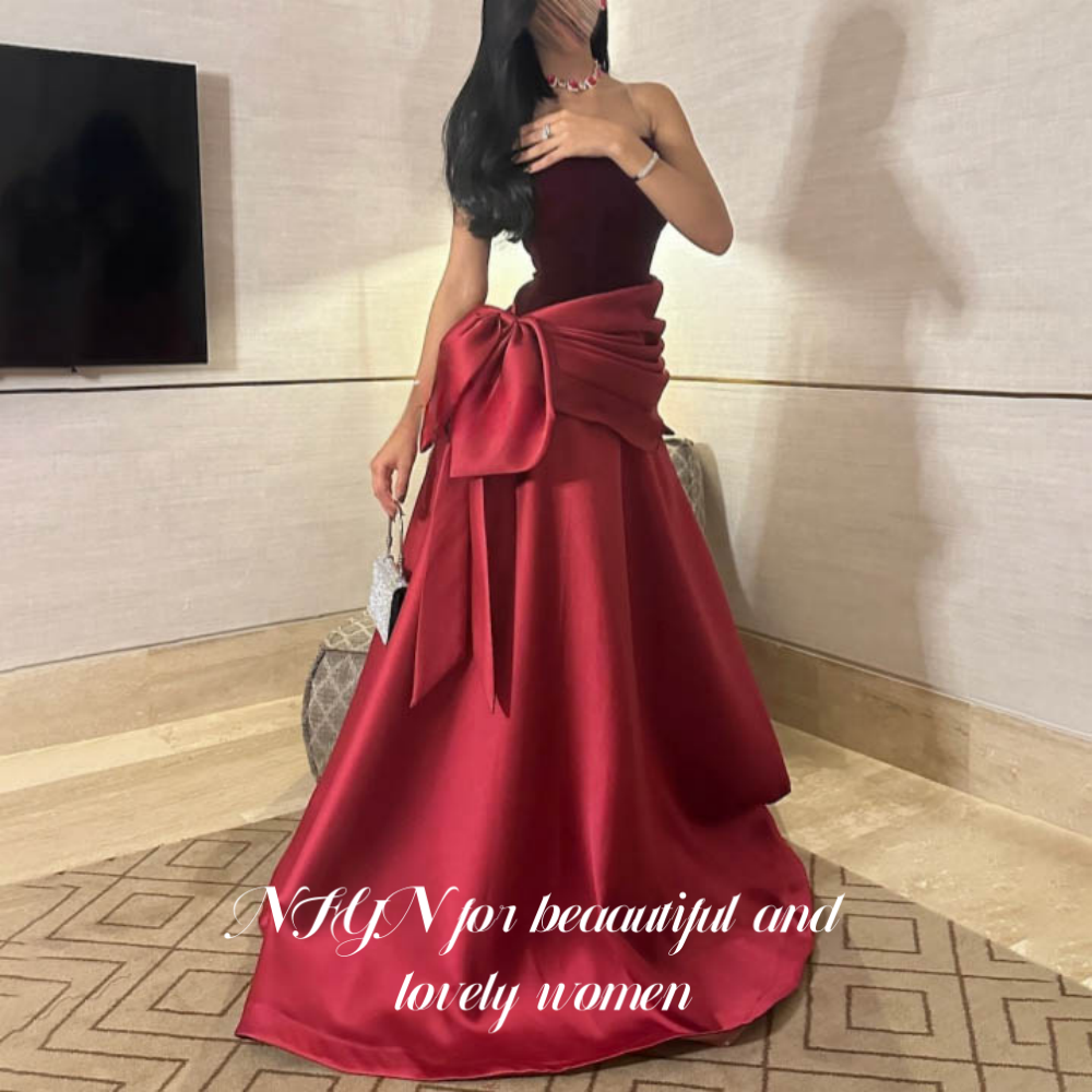 NFYN Red Back Zipper Prom Dresses Strapless Sleeveless Formal Gown Satin A-Line 3D-Bow Evening Dresses حزب فساتين Customized