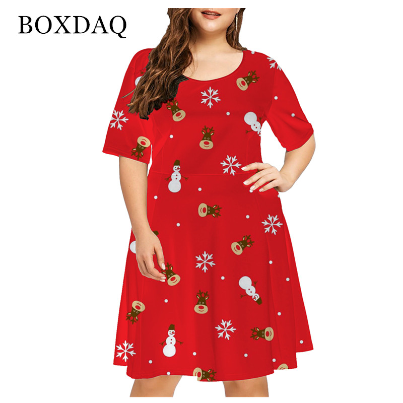Vestido de manga corta con estampado de alce de Navidad para mujer, ropa de talla grande 6XL, rojo, divertido, lindo, muñeco de nieve, copo de nieve, vestidos sueltos