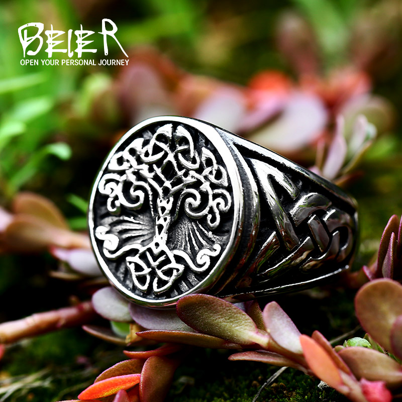 Anel de sinete de árvore da vida de aço inoxidável clássico masculino viking amuleto anéis joias nórdicas BR8-732
