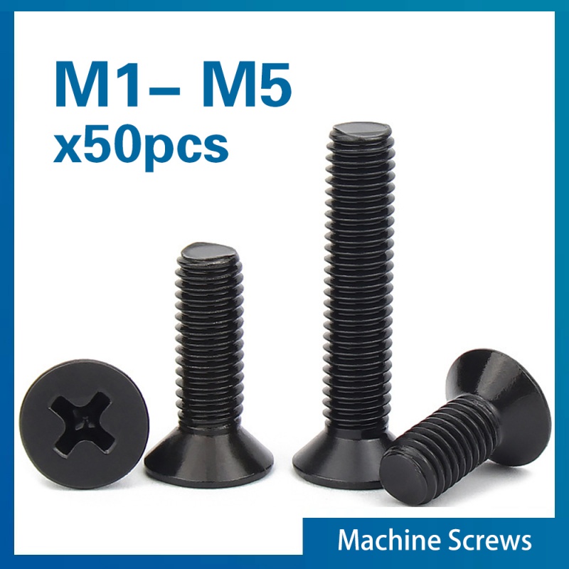 50 unids/lote M1 M1.2 M1.4 M1.6 M1.7 M2 M2.5 M3 M3.5 M4 M5 KM Mini pequeño tornillo de cabeza avellanada plana de acero negro KM Phillips