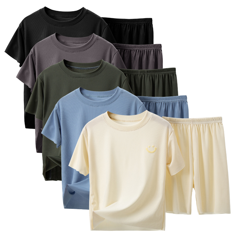 2/4 peças crianças verão fino shorts de manga curta terno de seda gelo meninos e meninas casual coringa casa roupas terno de 2 peças.