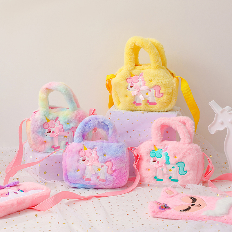 เด็กเย็บปักถักร้อยยูนิคอร์นตุ๊กตาCrossbodyกระเป๋าและกระเป๋าถือสาวน้อยRainbow Fluffyกระเป๋าน่ารักการ์ตูนFurryไหล่กระเป๋า