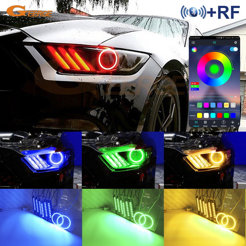 Dla Ford Mustang 2015 2016 2017 BT App RF W/Wireless Multi-Color Ultra Bright RGB LED Angel Eyes Kit Halo Rings DRL Boards