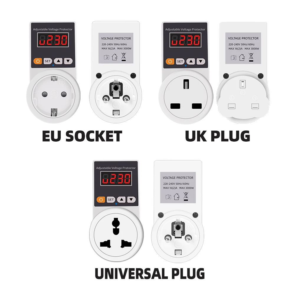 ปลั๊กป้องกันไฟกระชาก AC 220V ปรับได้และแบบคงที่ 16A ปลั๊กป้องกันไฟกระชาก ป้องกันไฟเกินสำหรับตู้เย็น