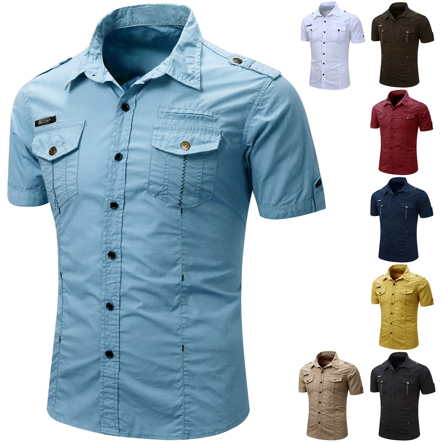 Chemise tactique militaire décontractée pour hommes, 100% coton, manches courtes, couleur unie, chemises de travail Cargo avec poche, nouvelle mode 2025