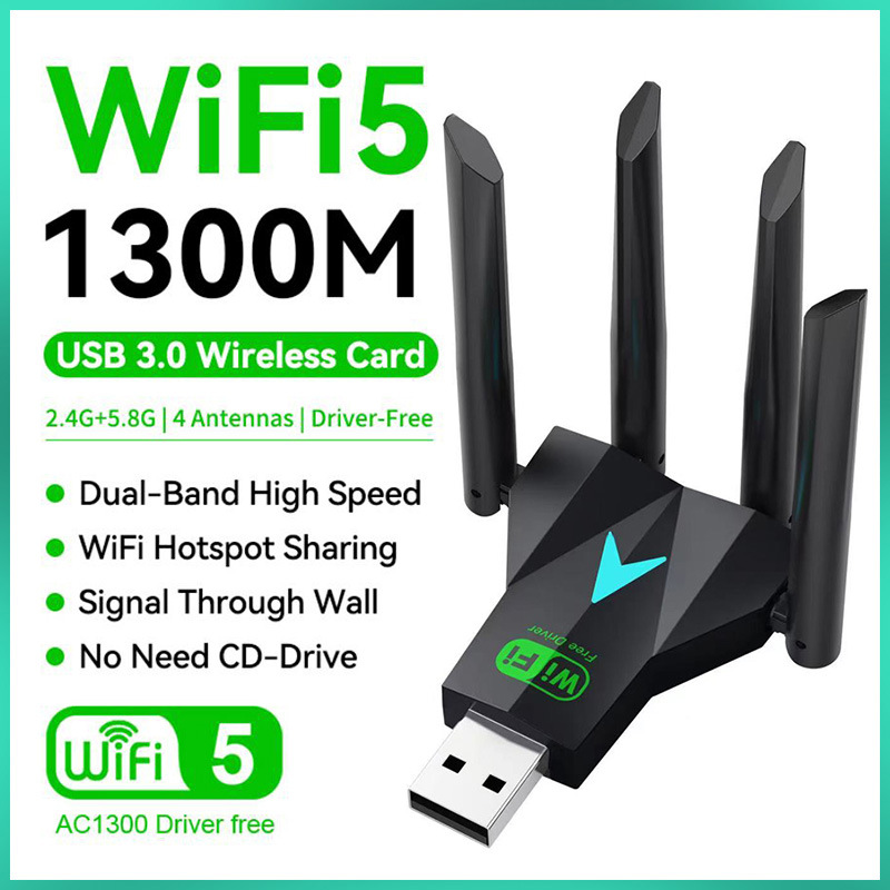 Adaptor WiFi USB 1300Mbps Dual Band 2.4G 5.8Ghz Penerima Kartu Jaringan Nirkabel untuk PC