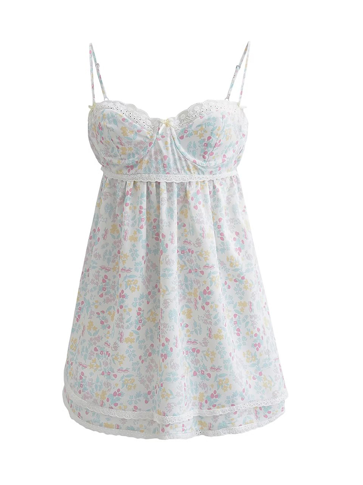 Yenkye-Vestido estampado Floral com guarnição de renda feminina, Mini vestido de verão feminino, sem mangas, sexy, feriado, festa
