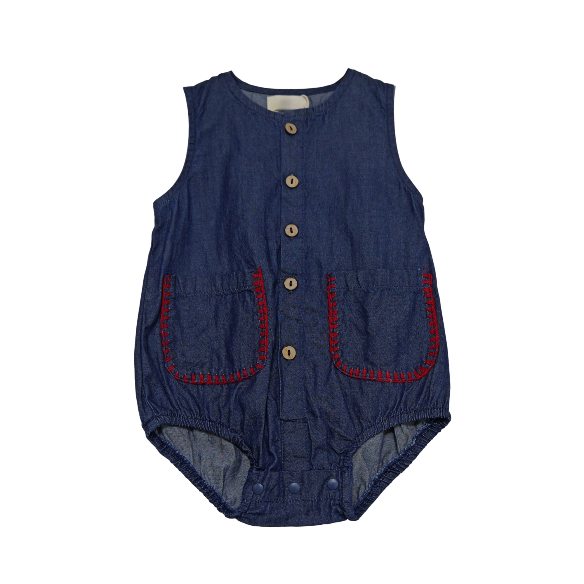 Macacão infantil vintage azul marinho, sem mangas, com borda contrastante vermelha, macacão fashion para bebês, para festa de verão, 3 meses a 2 anos
