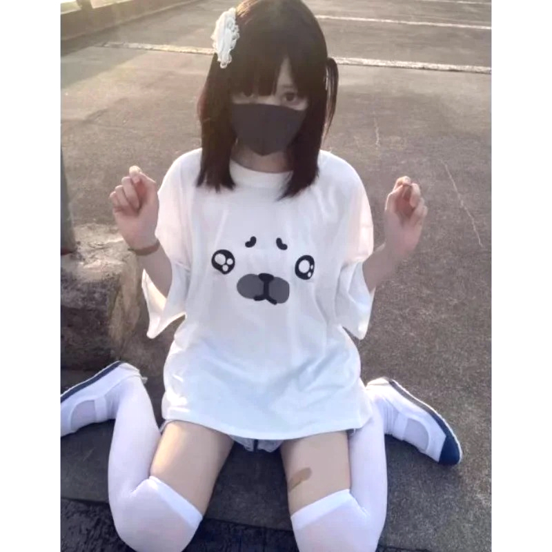 เสื้อยืดสีขาวสไตล์ญี่ปุ่น ลายการ์ตูนน่ารัก ลายหมีน้อย  เสื้อยืดลำลอง แฟชั่นฮาราจูกุ แฟชั่นสาว Y2K