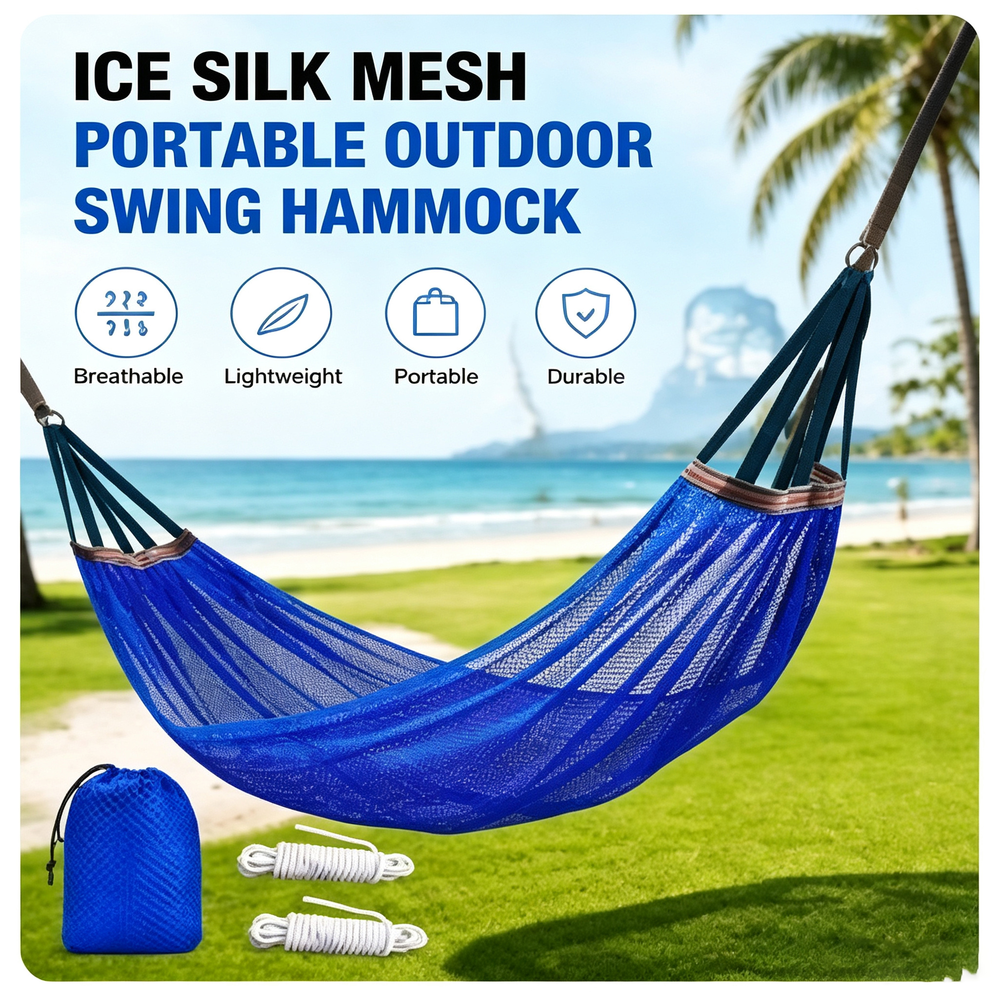 Ice Silk Mesh Portable Lightweight Outdoor Swing Hammock with Ropes Storage Bag for Camping Beach Dorm Backyard Garden