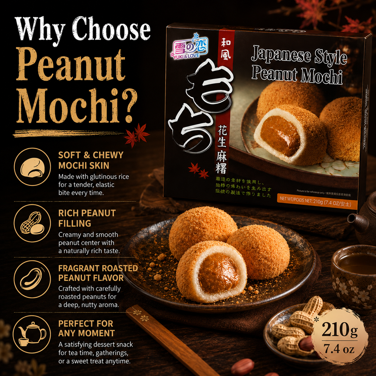 YUKI & LOVE Japanse stijl pinda mochi daifuku 210g, zachte, kauwbare rijstballetjes gevuld met een rijke, romige pindavulling, authentieke Aziatische zoete snack