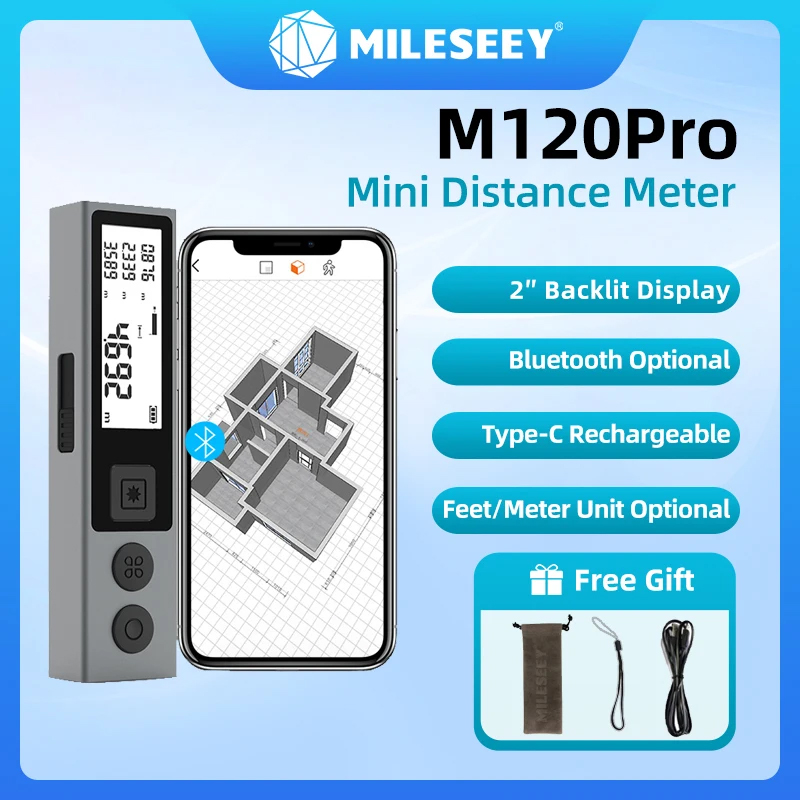 Mileseey M120 Pro Draagbare Laser Afstandsmeter Trenas USB Type C Backlit Oplaadbare Mini-afstandsmeter Meetinstrumenten voor thuis