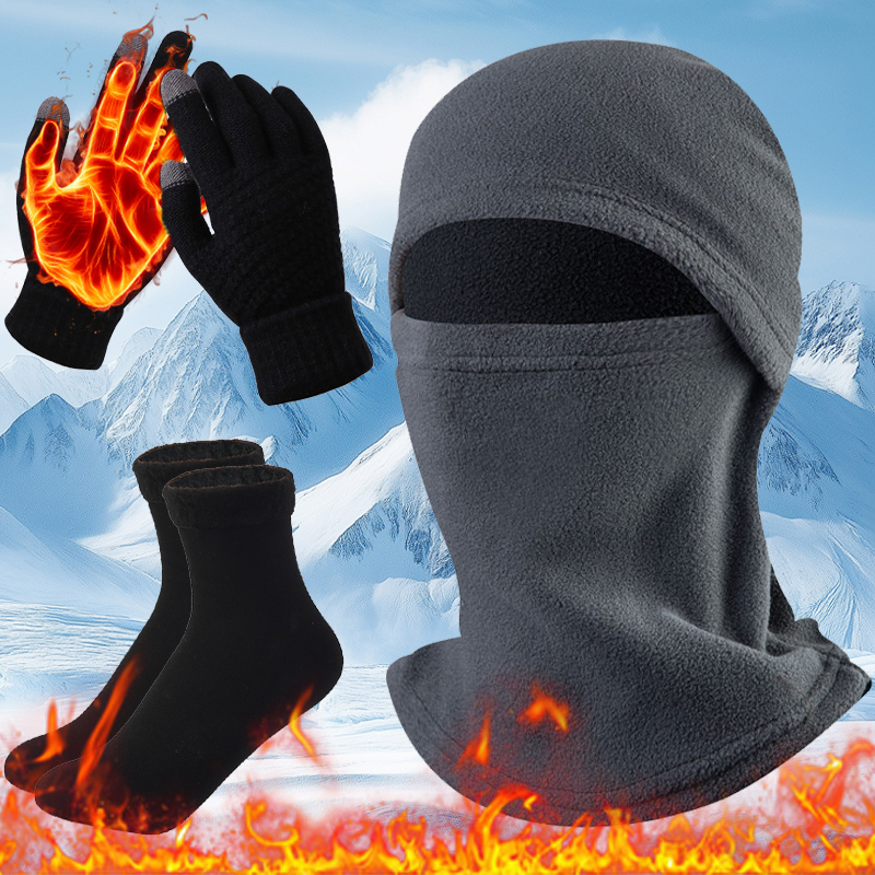 Warmes dreiteiliges Set für den Außenbereich, ausgestattet mit einer kältebeständigen einteiligen Mütze, warmen Handschuhen und Plüschsocken, Winterzubehör