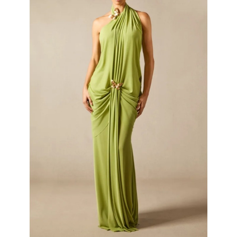 Abiti in raso senza schienale con scollo all'americana verde per le donne 2026 Senza maniche Pieghe in vita Farfalla in metallo Legant Abito da sera Max Party 196172