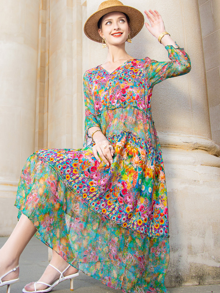 Wysokiej jakości lato 2023. Plaża Boho Vintage Print Szyfonowa sukienka z dekoltem w szpic Elegancka sukienka imprezowa Projektant Vestidos Luźne sukienki midi