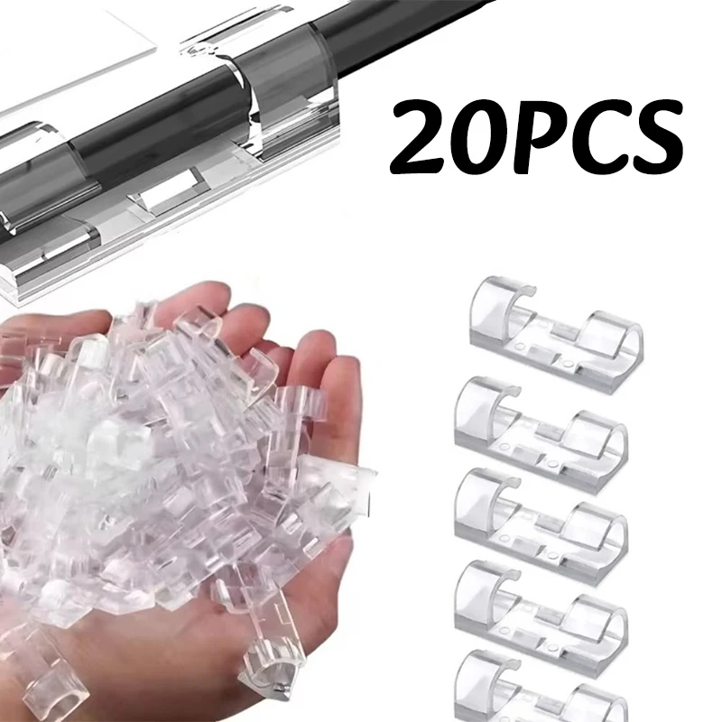 Clipes de Gerenciamento de Cabos Autoadesivos de Plástico Transparente (5/20 Peças) para Organização de Cabos de TV, PC e USB
