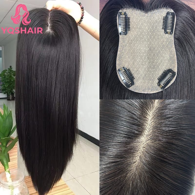 Topper Clip Estensioni dei capelli umani al 100% Base di seta marrone scuro con clip per frangia Topper per capelli per donna Vero posticci naturali