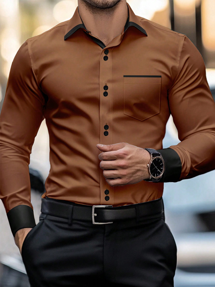 Chemise d'affaires décontractée à manches longues pour hommes, chemise à Double bouton de Style britannique, chemise à revers Slim à manches longues