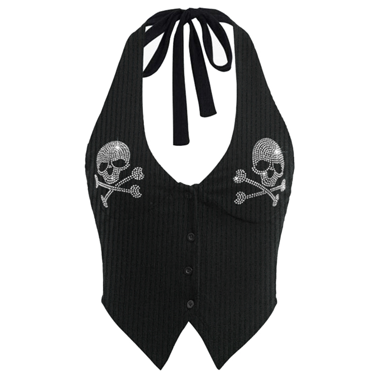Tank Top berlian imitasi Bling Punk musim panas atasan Crop seksi balutan tanpa lengan mode estetika Gotik antik kamisol grafis tengkorak