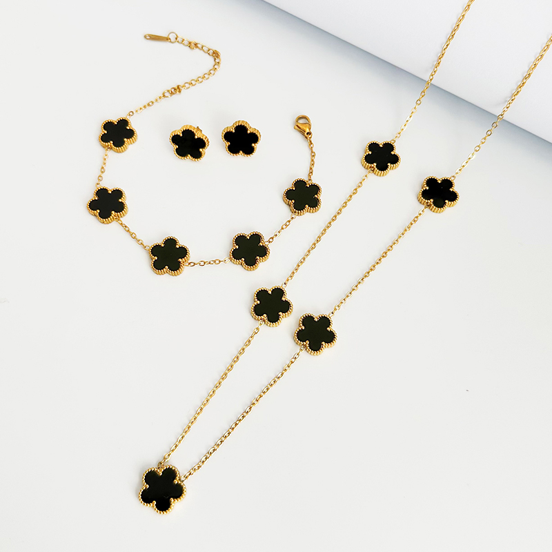 Trèfle Double face en acier inoxydable, bijoux pour femmes, boucles d'oreilles, collier, Bracelet, plante, fleur à cinq feuilles, Souvenirs de fête des mères