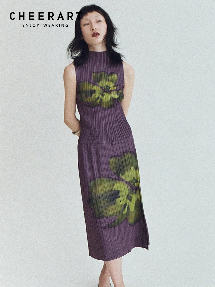 CHEERART Designer abiti estivi floreali pieghettati per le donne gonna lunga viola e Top senza maniche Set da 2 pezzi vestiti di moda