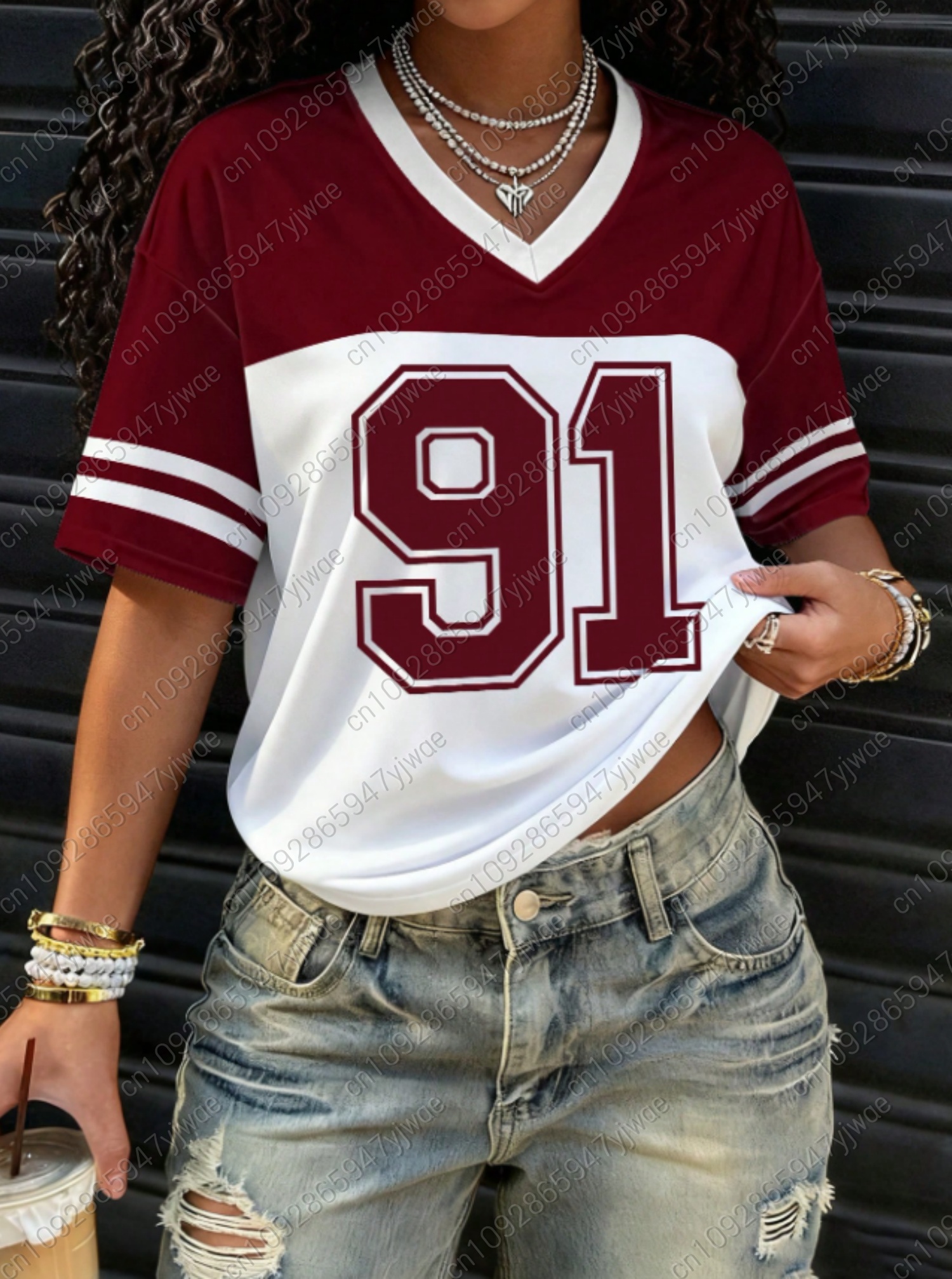 2025 estilo americano feminino bombardeiro 91 impressão leve respirável com decote em v manga curta camiseta de beisebol feminino camisa