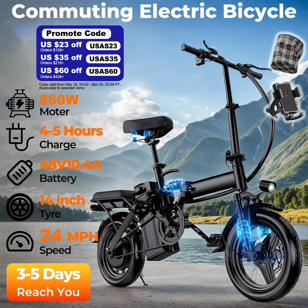 Vélos électriques pour adultes 560W, 24 MPH, batterie amovible 48V10.4AH, vélo électrique pliable 14 pouces, vélo électrique à absorption multi-chocs