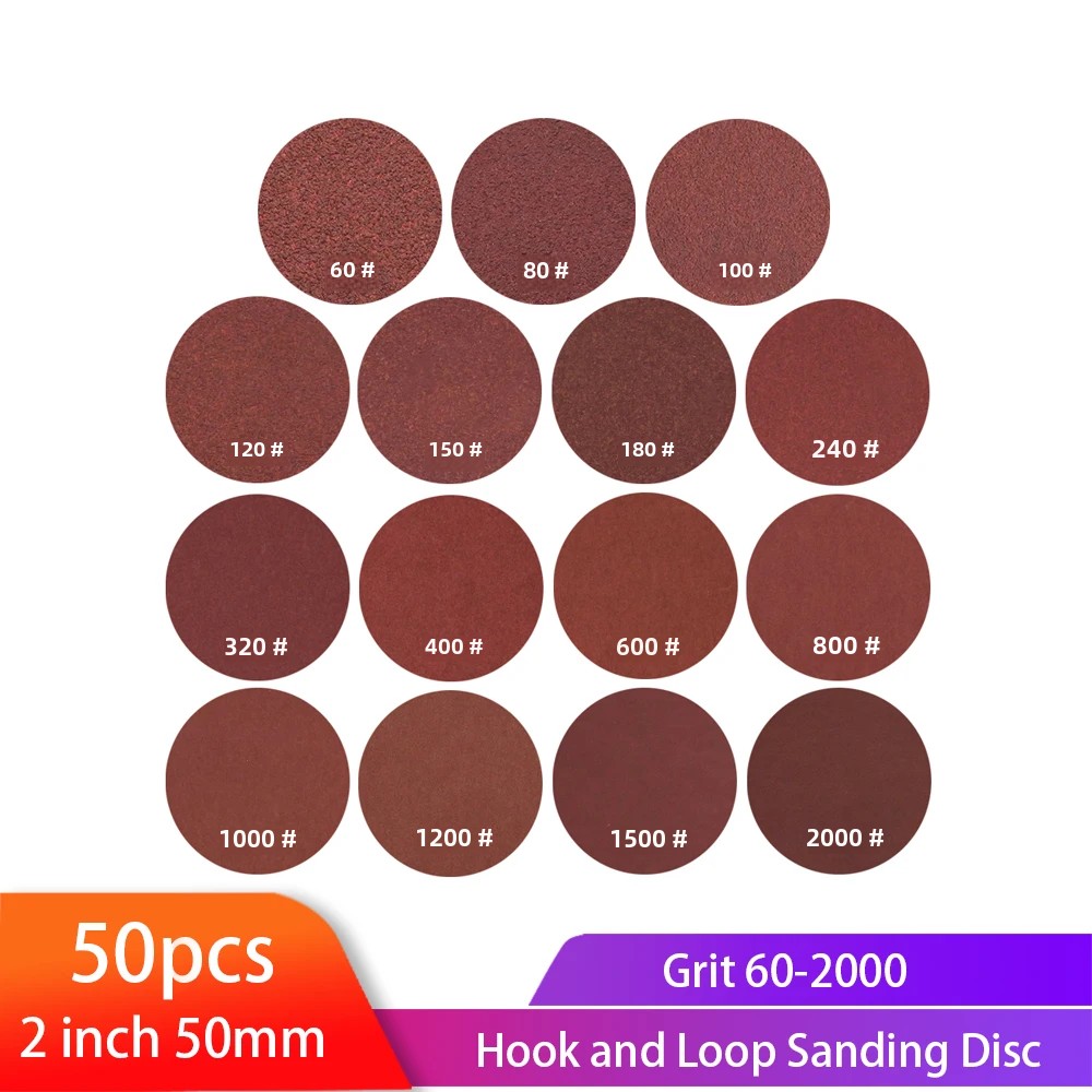 Discos de lijado de 2 pulgadas y 50mm, papel de lija de forma redonda, grano 60-2000, gancho, papel de arena, herramienta de pulido abrasivo para pulir madera