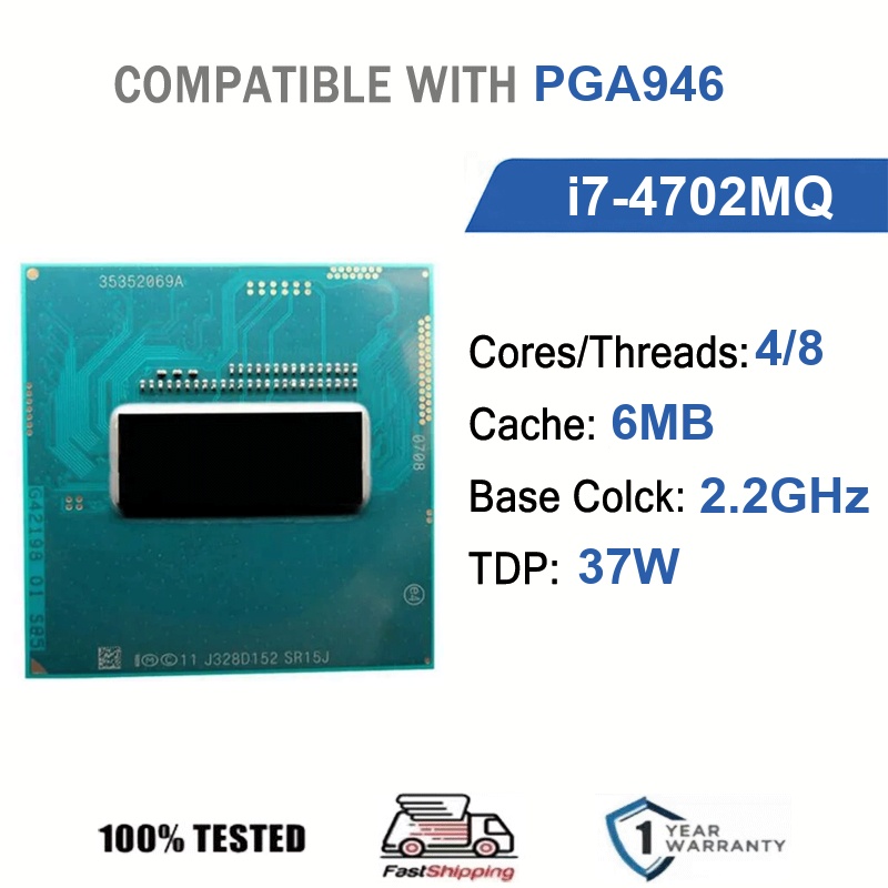 Intel Core i7-4702MQ, 4 ядра, 8 потоков, 2,2 ГГц, 37 Вт, 6 МБ кэш-памяти, 22 нм, LGA 946, SR15J, DDR3L 1333/1600 МГц, Haswell, HD Graphics 4600