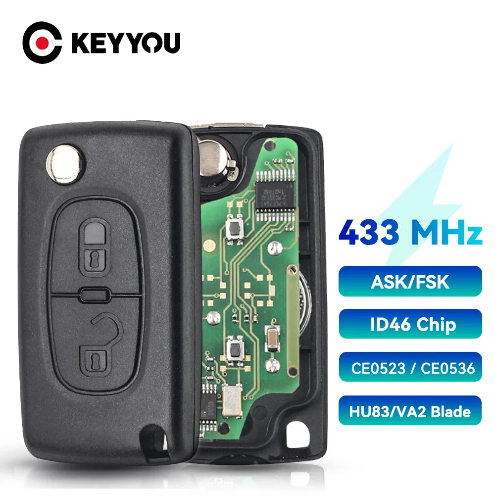 KEYYOU-llave de coche remota de 2 botones para Citroën C2 C3 C4 C5 C6 C8 Xsara Picasso CE0523 Ce0536 VA2/HCA Blade 434Mhz ASK FSK