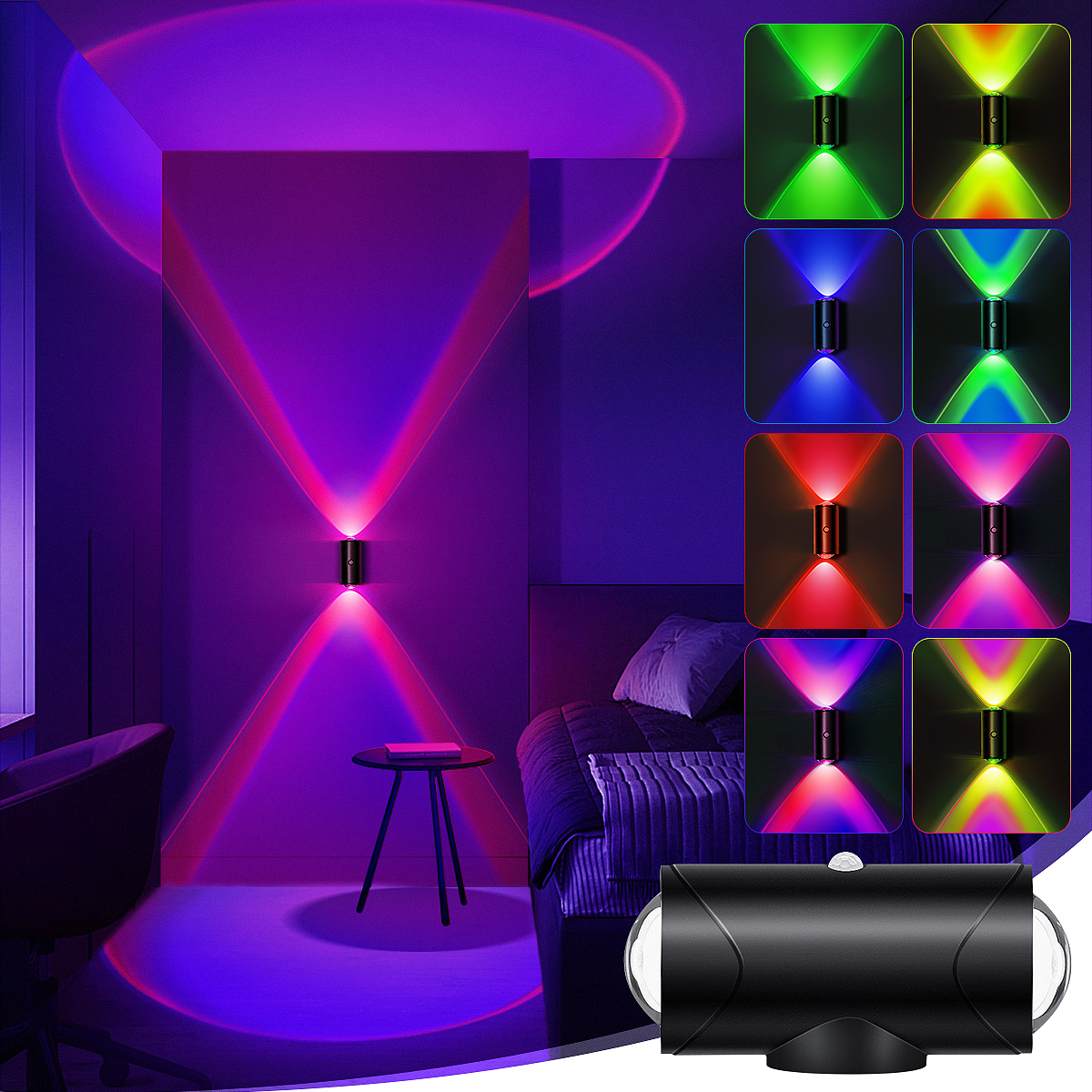 Luzes de arandela de parede com sensor de movimento LED, 3 modos, 8 cores de iluminação, lâmpada noturna magnética recarregável por USB para quarto, banheiro