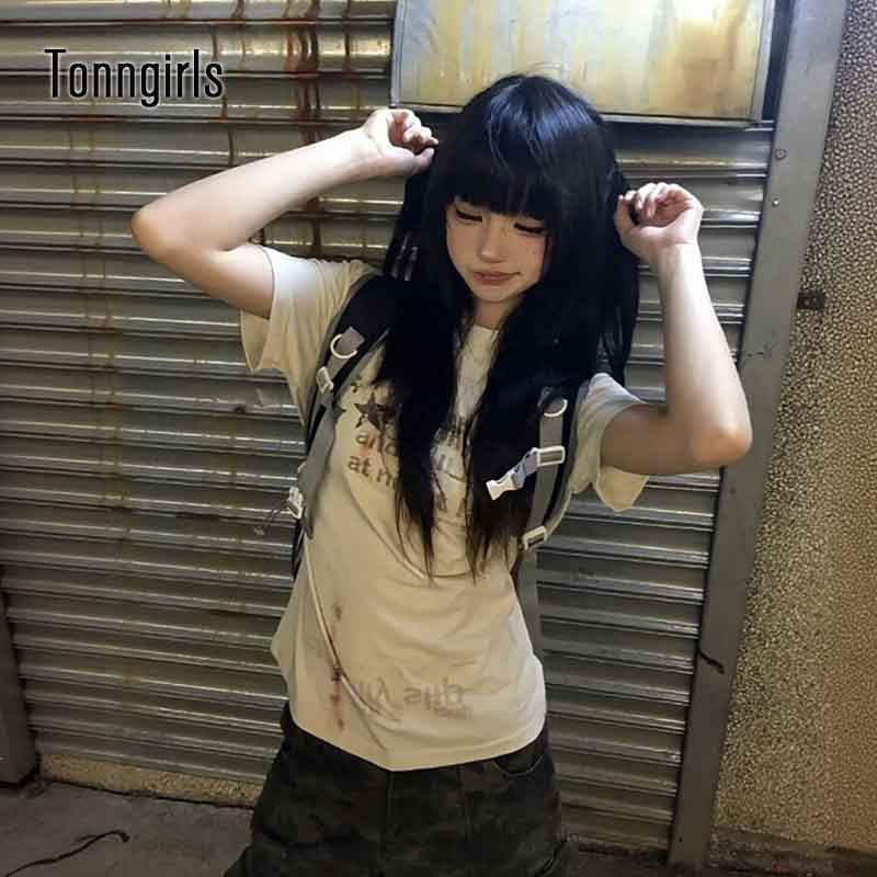Tonngirls Y2k T-shirt con stampa giapponese Donna Manica corta in cotone Top con grafica Streetwear Estetica anni 2000 Grunge Top Maglietta casual