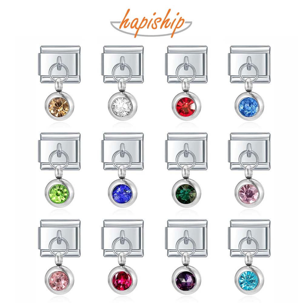 Hapiship Top New 12 Month Birthday Colour Dazzling CZ Links Charm Fit 9mm Bransoletka ze stali nierdzewnej Biżuteria DIY Making DJ547