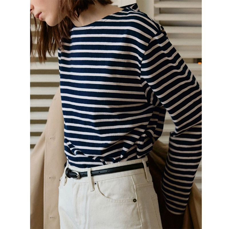 Camiseta Feminina 95% Algodão Vintage Listrada de Manga Longa Harajuku Básica Streetwear Tops Ropa Mujer Camisetas