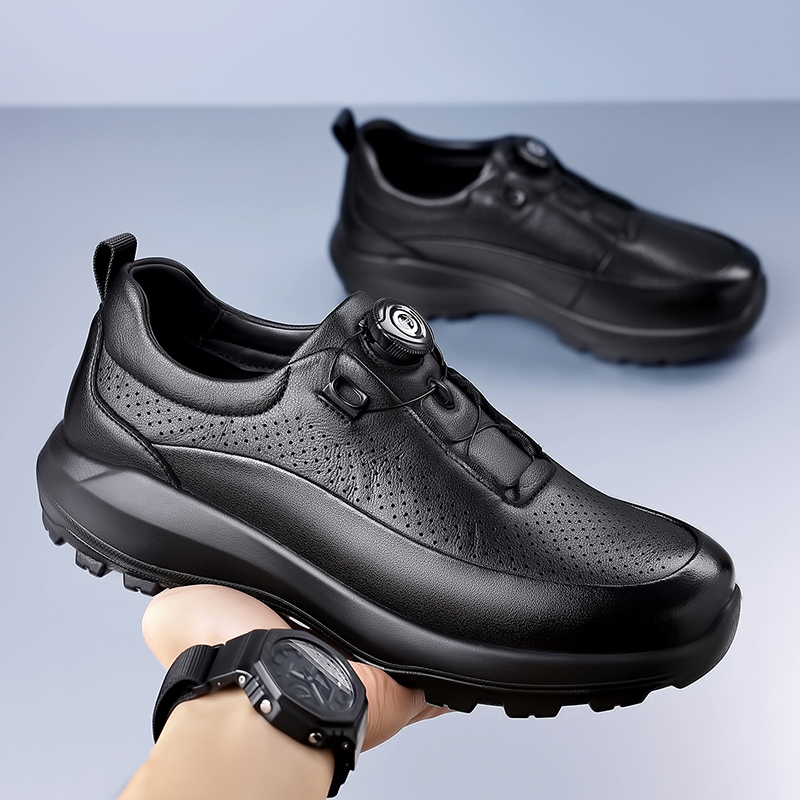 Tênis Plataforma Masculino de Couro Sólido com Botão Rotativo para Verão e Outono - Moda Casual Esportiva Designer