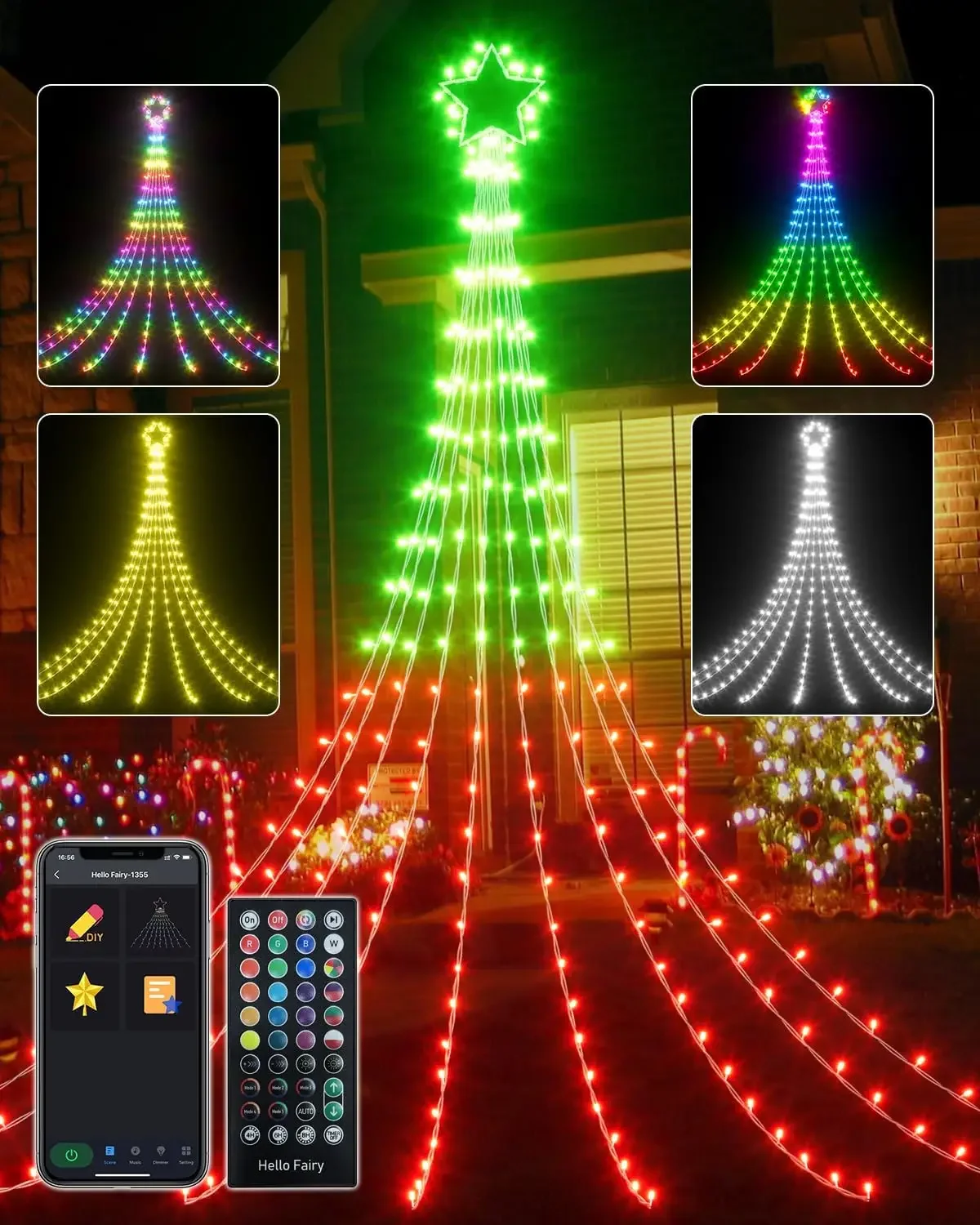 9 pçs 5m 245/317leds inteligente árvore de natal luz da corda estrela topper rgb controle app led cachoeira luz de fadas corda decoração do casamento
