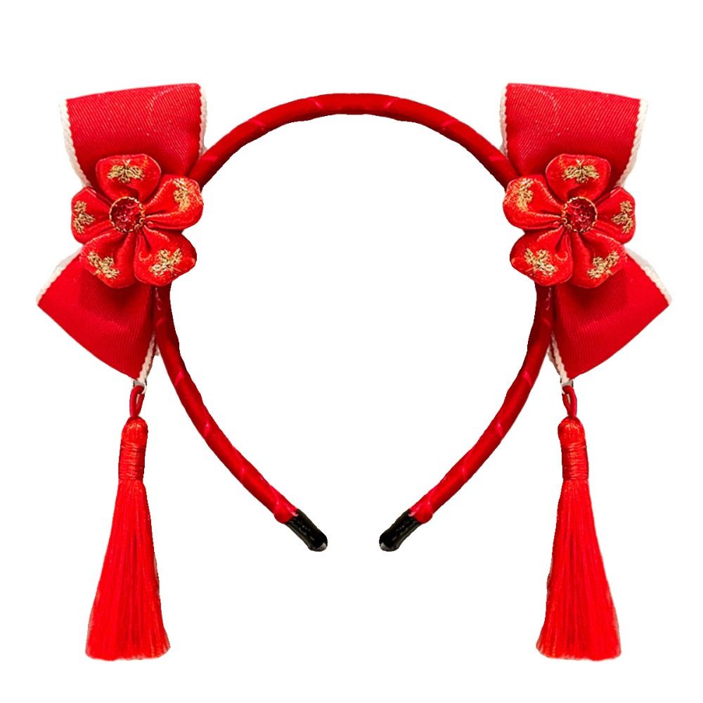 Diadema roja, banda para el cabello de Año Nuevo, bonita flor con bola de pelo, tocado de estilo chino, tocado de Año Nuevo, diadema con lazo rojo y borlas para niña