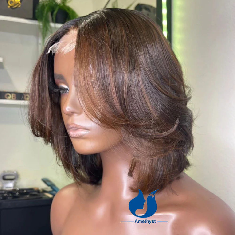 Ametista 13x6 marrone evidenziare strati parrucca anteriore in pizzo Bob corto capelli umani capelli Remy brasiliani prepizzicati nodi candeggiati per le donne